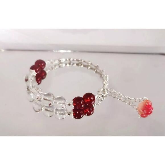 Burgundy Clear Wire Bracelet w beaded Flower Dangle Charm #65 - Picture 4 of 4